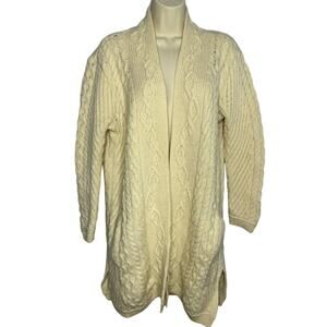 Aran Mor Cream Merino Wool Cable Knit Fishermen Open Front Cardigan Ireland M
